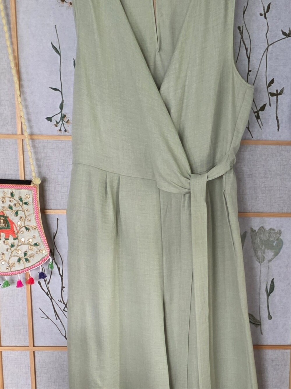 Sage Green Faux Wrap Wide Leg Palazzo Jumpsuit V-Neck Pockets Large Linen Look - Picture 7 of 14